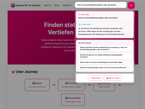 Screenshot der Suchfunktion von Business GPT for Websites