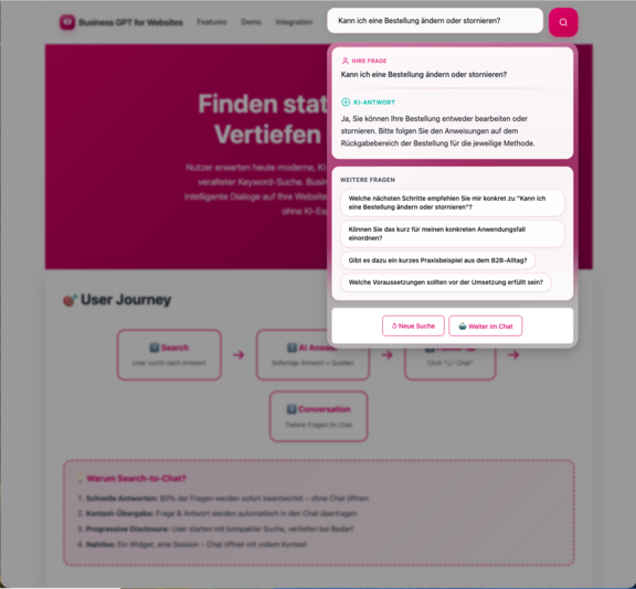 Screenshot der Suchfunktion von Business GPT for Websites