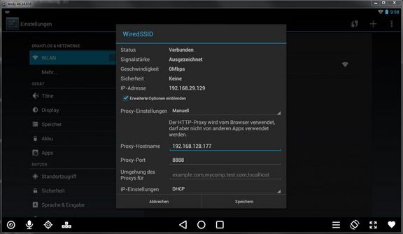 Screenshot der Proxy Einstellungen mit Proxy Hostname und Proxy Port. Als Port ist 8888 angegeben. Bei Proxy-Einstellungen ist "manuell" angegeben