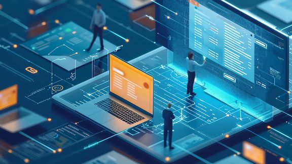 Illustriertes Bild, Menschen auf einer Datenplattform und arbeiten mit Datenströmen