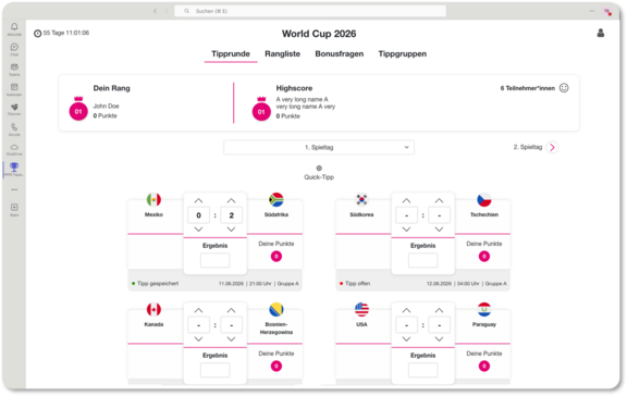 Screenshot vom Frontend des WM Tippspiel Plugins im Intranet