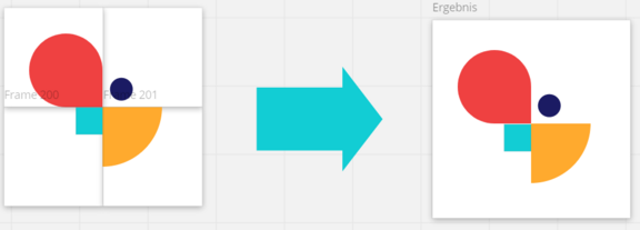 Illustration des Erstellungsprozesses eines Logos bestehend aus 4 Frames, die zusammengefügt werden