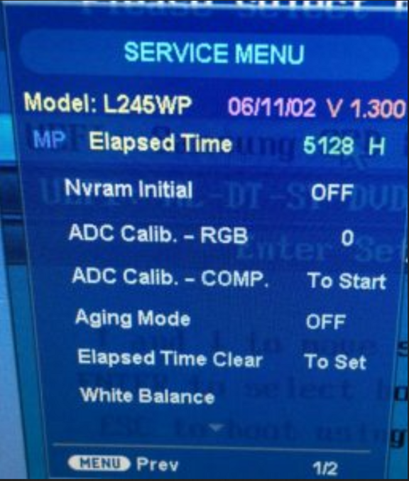 Bild des Service Menüs. Bei der Einstellung "Aging Mode" steht hier "off"
