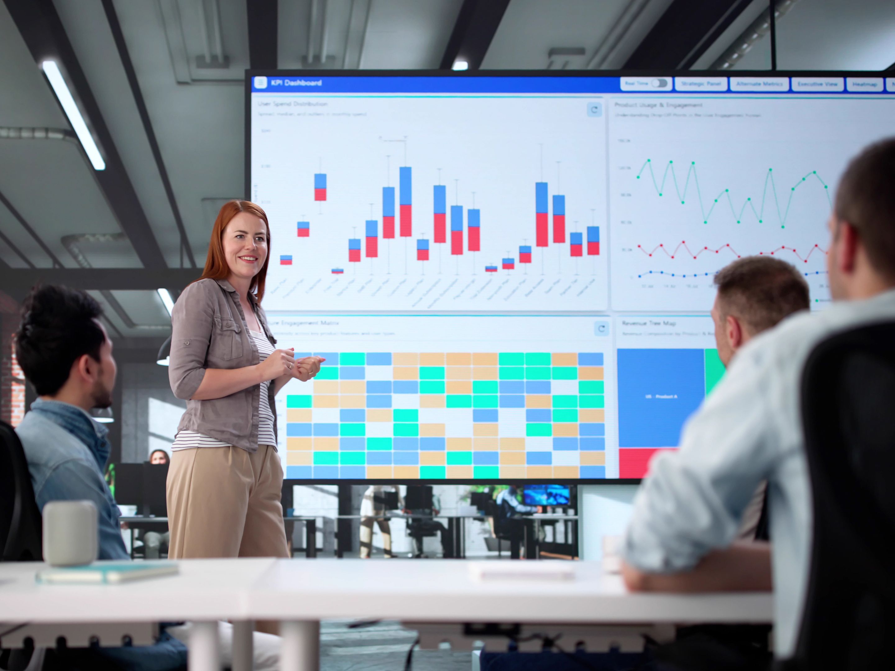 illustrative Grafik: Eine Person steht vor einem Monitor mit in Diagrammen visualisierten Daten