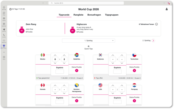 Screenshot vom Frontend des WM Tippspiel Plugins im Intranet