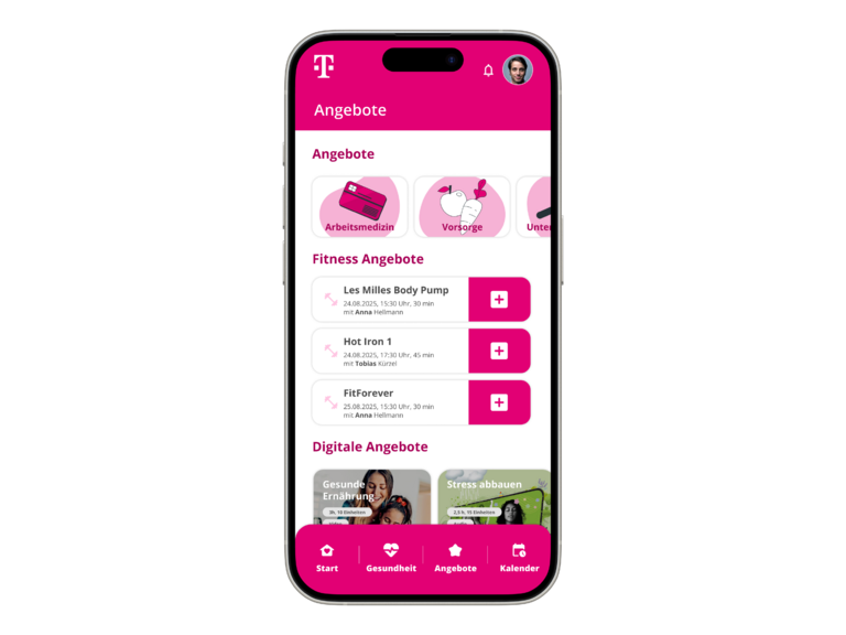 Darstellung der Gesundheitsangebote in der App, z. B. Fitnesskurse, Mental-Health-Angebote sowie arbeitsmedizinische Vorsorgeangebote 
