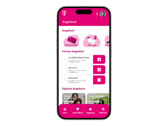 Darstellung der Gesundheitsangebote in der App, z. B. Fitnesskurse, Mental-Health-Angebote sowie arbeitsmedizinische Vorsorgeangebote