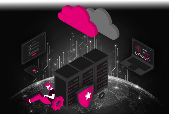 Datenmanagement benötigt die passende technische Datengrundlage Illustrative Grafik: Daten aus verschiedenen Quellen (Website, Produktionsmaschine) laufen in die Cloud oder auf Server ein