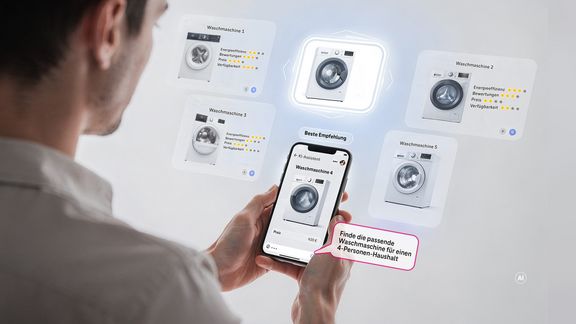 Illustrative Grafik: Dargestellt ist illustrativ die Vorgehensweise bei einem Waschmaschinenkauf. Agentische KI vergleicht zum Beispiel Preis, Energieeffizienz, Bewertungen, Preise und Verfügbarkeit, um eine passende Waschmaschine für einen Vier-Personen-Haushalt zu finden