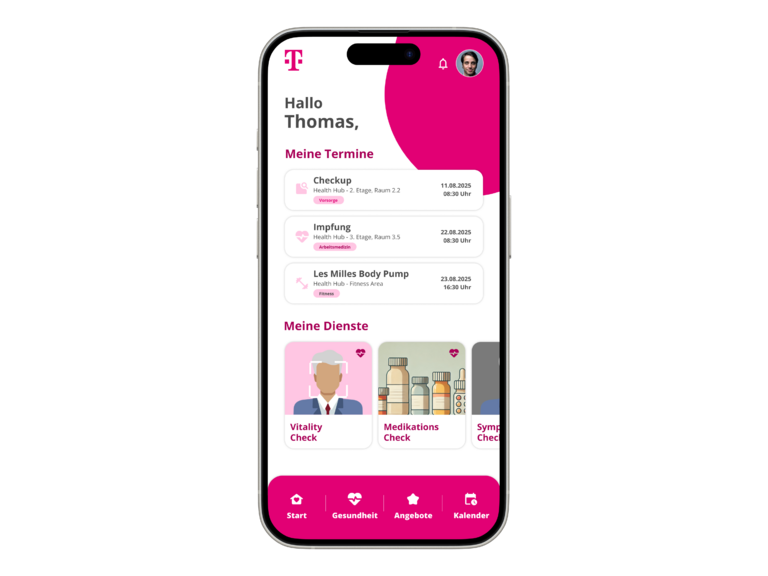 Screenshot des Employee Health Hub auf dem Smartphone mit Terminerinnerungen und Diensten, wie dem Vitality Check
