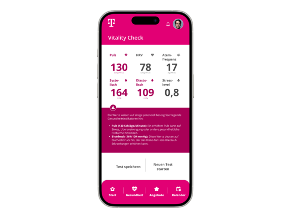Beispiel-Ergebnis des Vitality Checks. Die App gibt Warnhinweise bei erhöhten Puls- und Blutdruckwerten aus