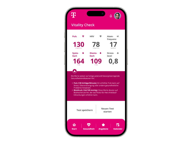 Beispiel-Ergebnis des Vitality Checks. Die App gibt Warnhinweise bei erhöhten Puls- und Blutdruckwerten aus
