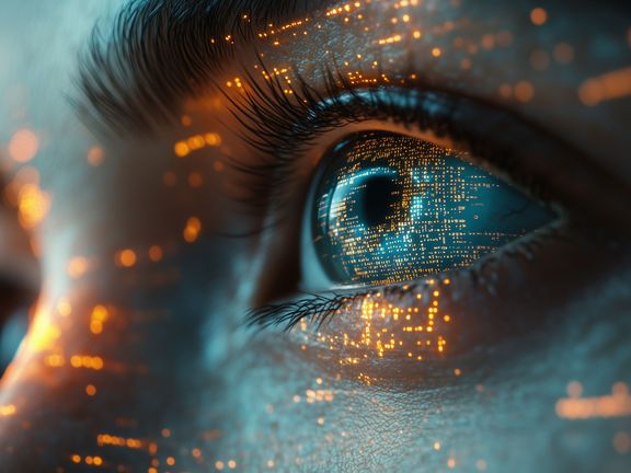 Auge mit digitalen Lichtpunkten als Symbol für künstliche Intelligenz und Datenverarbeitung