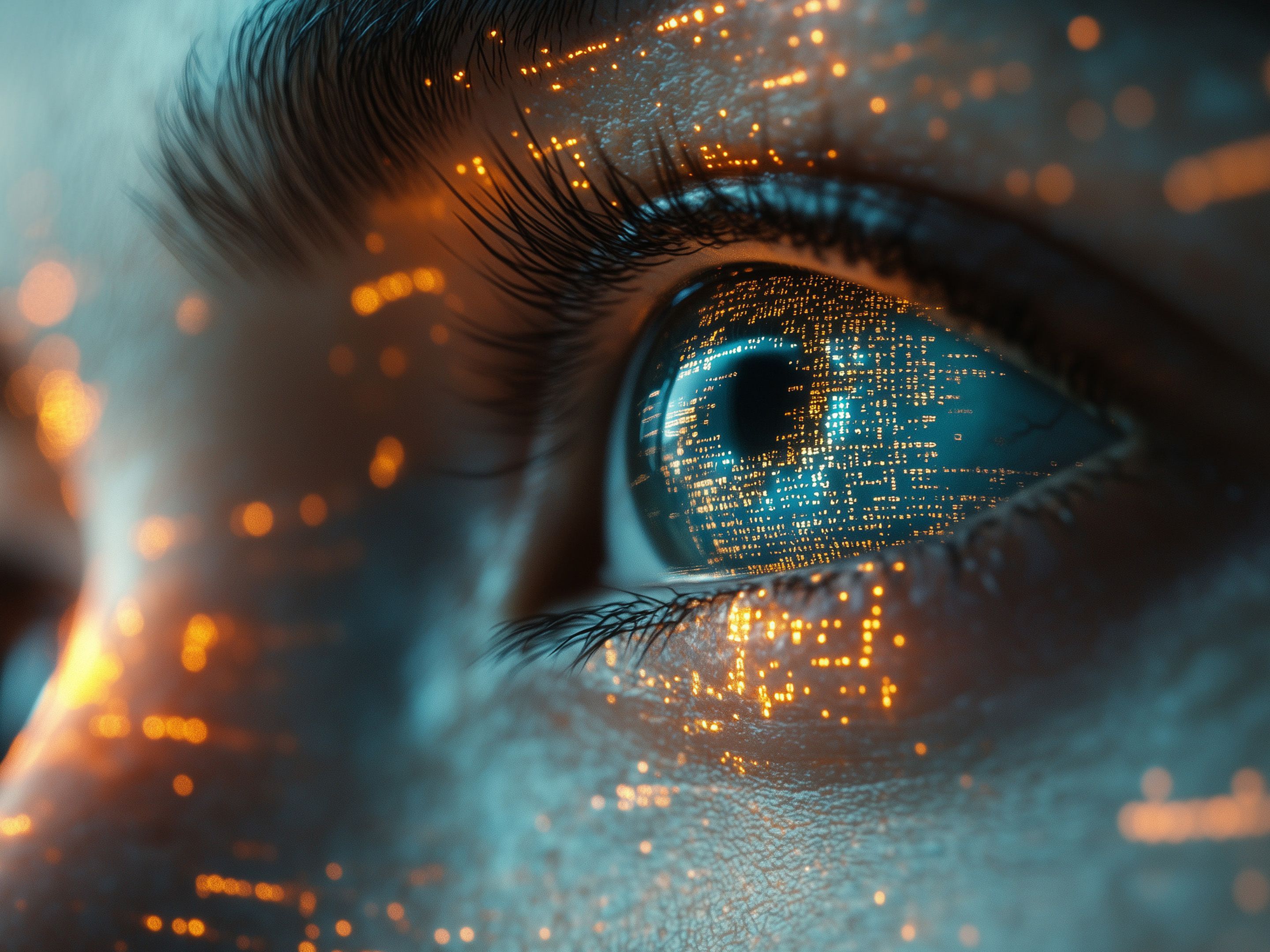 Auge mit digitalen Lichtpunkten als Symbol für künstliche Intelligenz und Datenverarbeitung