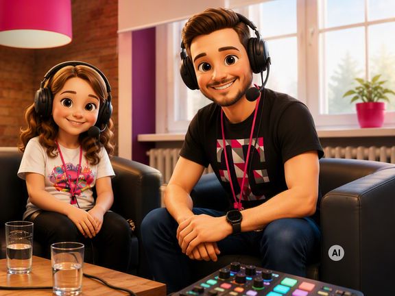 Hanna mit Tino Mager bei der Podcastaufnahme