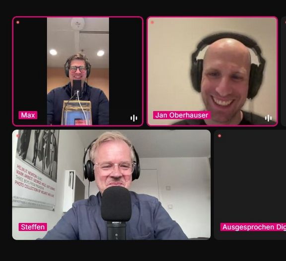 Screenshot der Podcast Aufnahme mit Jan Oberhauser (n8n), Maximilian Ahrens (Deutsche Telekom) und Moderator Steffen Wenzel