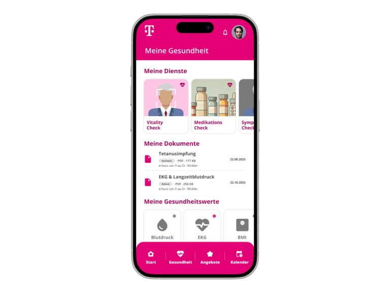 Speicherung von Gesundheitsdaten in der App: Impfdokumente und Gesundheitswerte, wie EKG und Blutdruck
