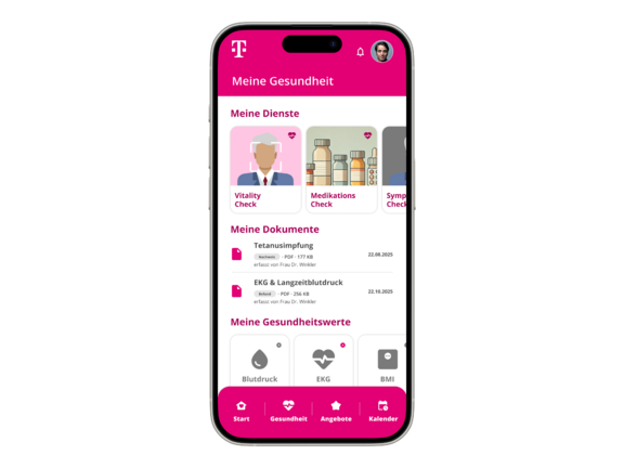 Speicherung von Gesundheitsdaten in der App: Impfdokumente und Gesundheitswerte, wie EKG und Blutdruck