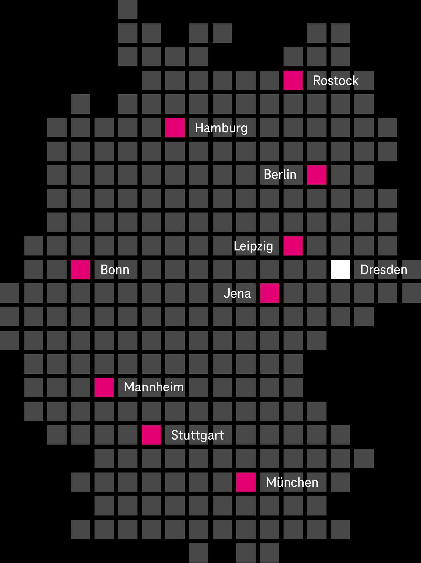 Standorte der Telekom MMS in Deutschland Deutschland-Grafik mit eingezeichneten Standorten in Dresden, Berlin, Rostock, Hamburg, Leipzig, Jena, Bonn, Mannheim, Stuttgart, München